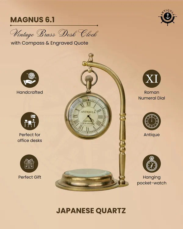 Antiqula_Magnus_6.1_Vintage_Brass_Desk_Clock_With_Compass_Engraved_Quote